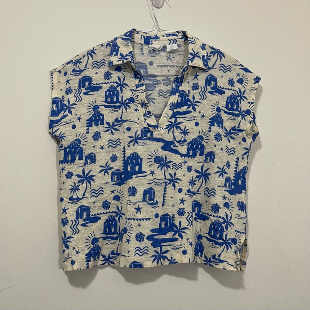 Cynthia Rowley Boxy Top Shirt M Lightweight 100% Linen Cap Sleeve Greece Beach